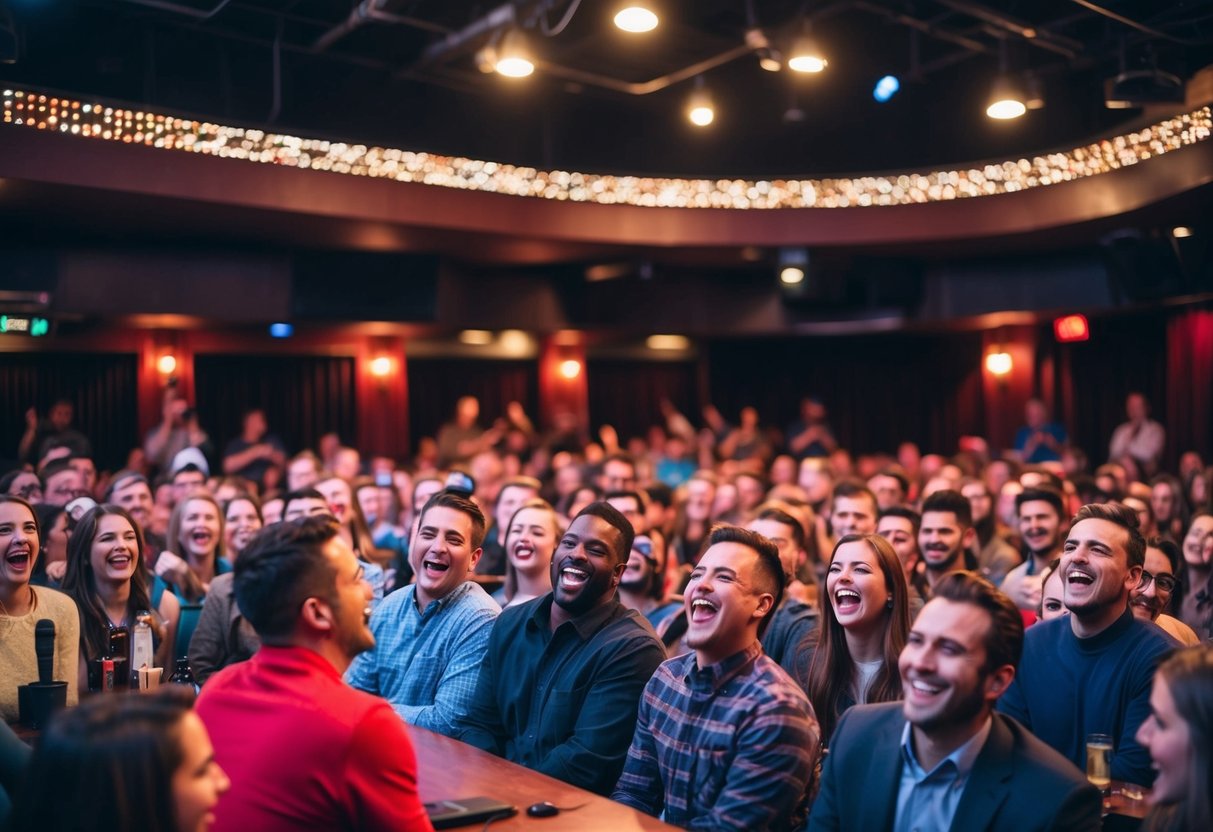 A crowded comedy club with stage, microphone, and audience laughing