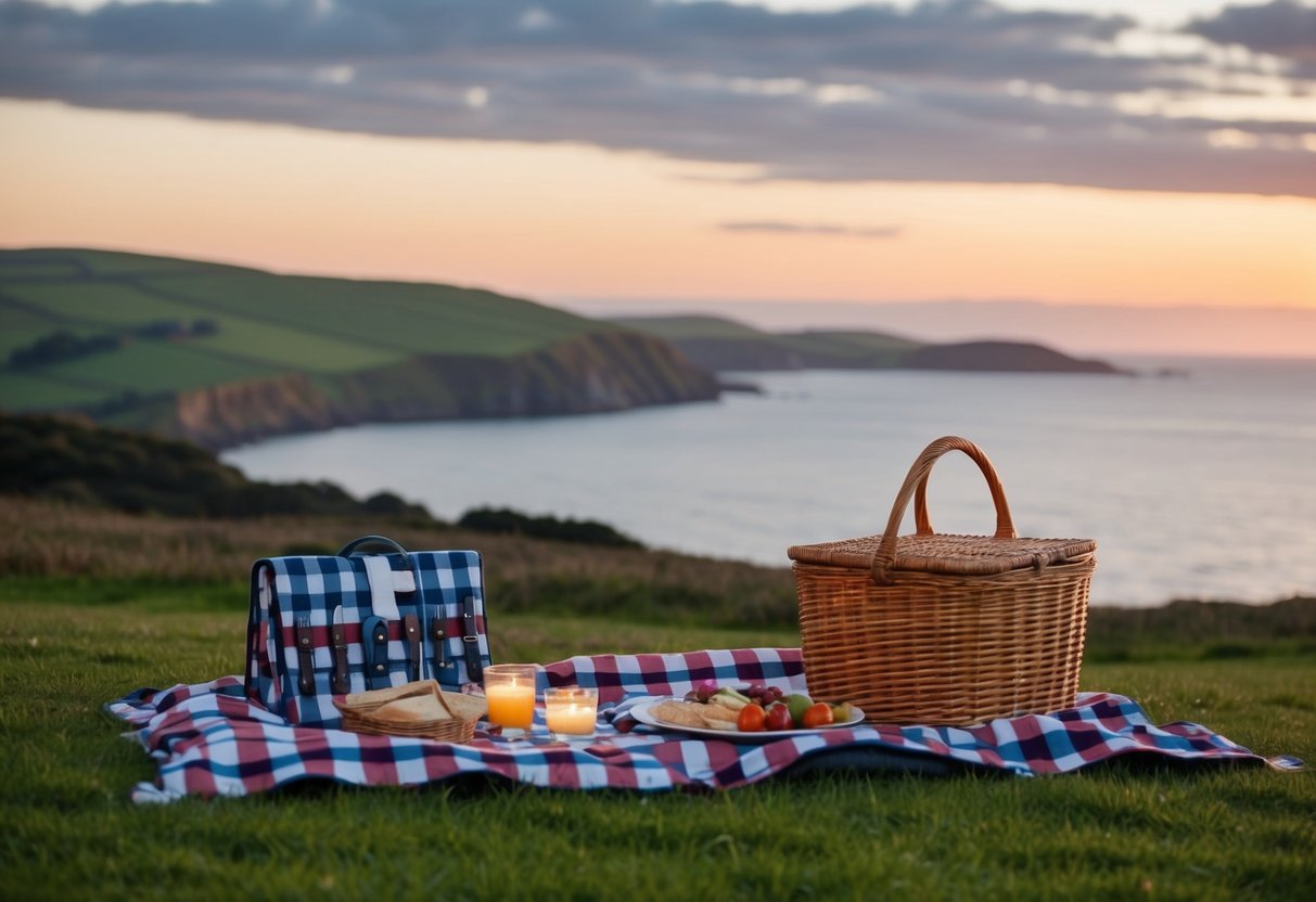 A picnic by the Ayrshire coast at sunset, with a checkered blanket, a wicker basket, and a view of the sea and rolling hills
