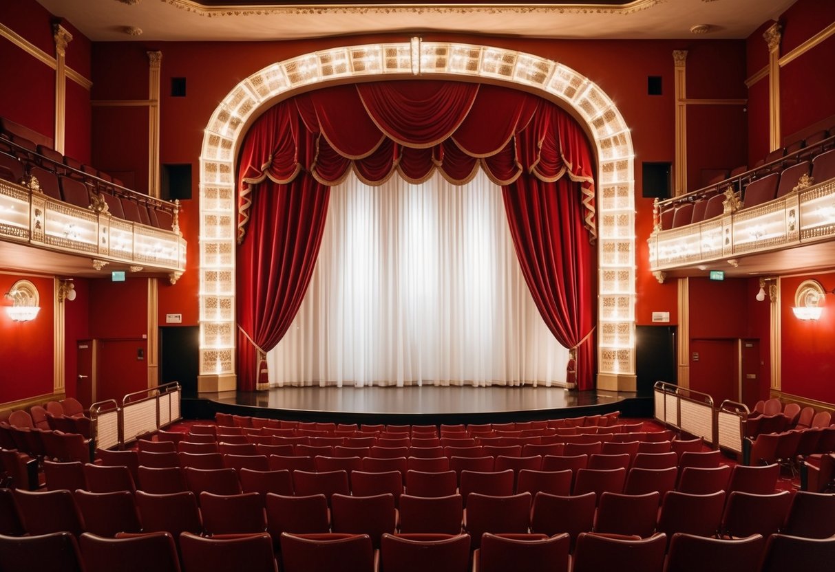 The Gaiety Theatre stage is illuminated, with a grand red curtain drawn open and empty seats awaiting an audience