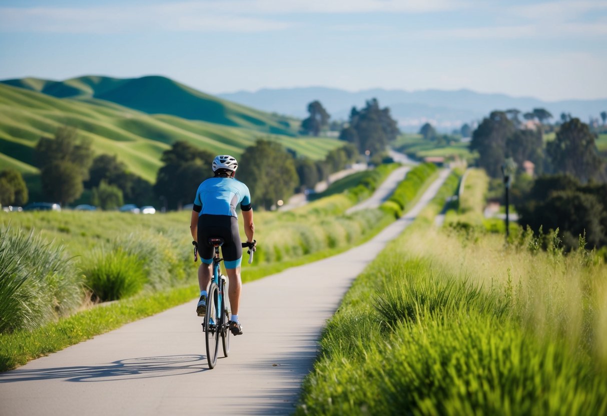 A cyclist rides along the Irvine Valley Path Network, surrounded by lush greenery and rolling hills, with the path stretching into the distance