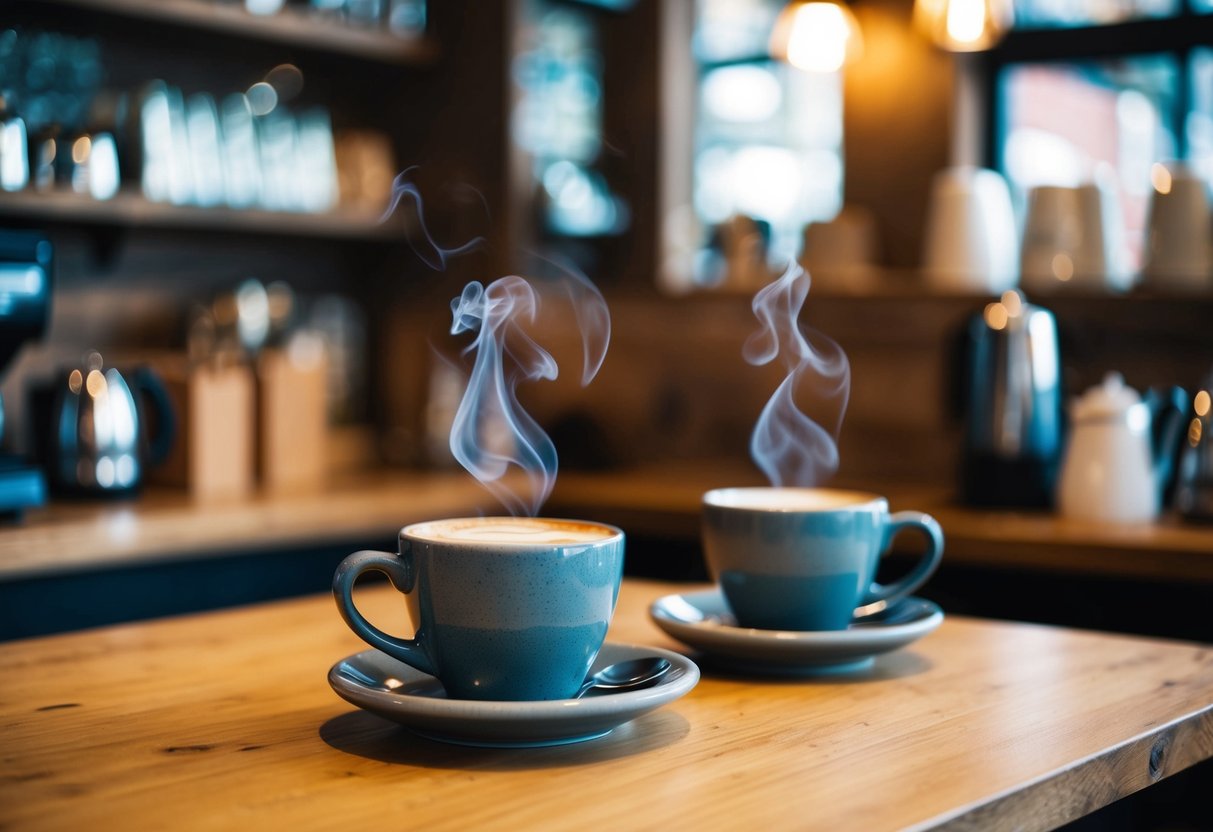 A cozy coffee shop with rustic decor, steaming mugs, and a relaxed atmosphere