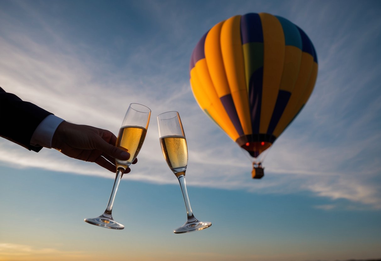 A hot air balloon floats against a sunset sky, with two champagne glasses clinking in a toast