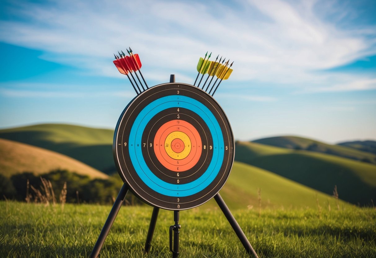 An archery target with arrows sticking out, set against a backdrop of rolling hills and blue skies