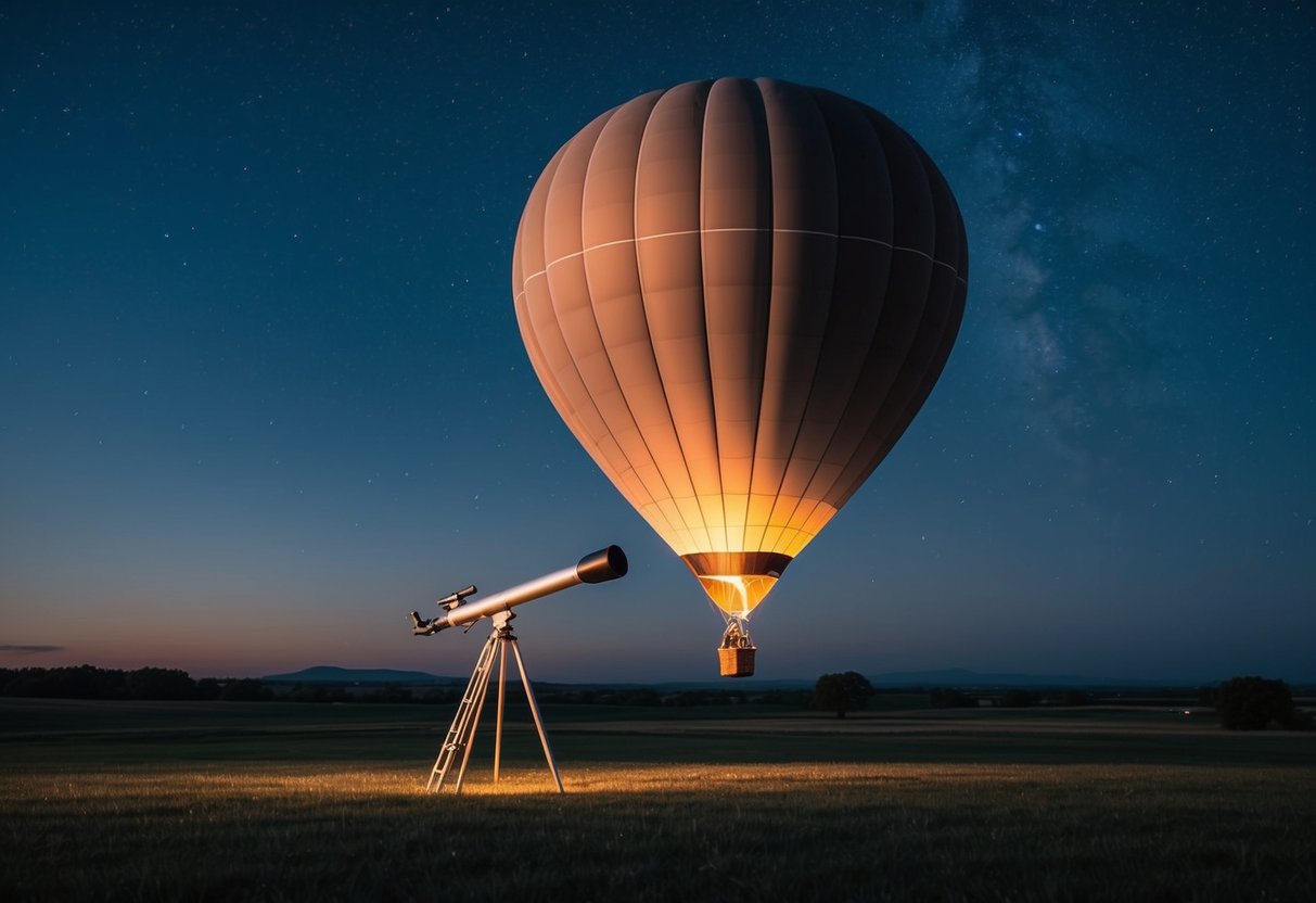 A hot air balloon floats above a tranquil landscape at night, with a telescope set up for stargazing
