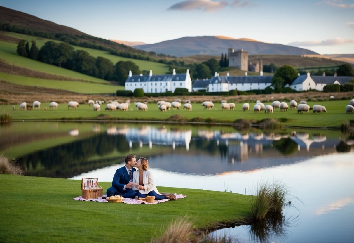 A couple picnicking by a tranquil loch, surrounded by rolling hills and grazing sheep. A quaint village sits in the distance, with a castle looming on the horizon