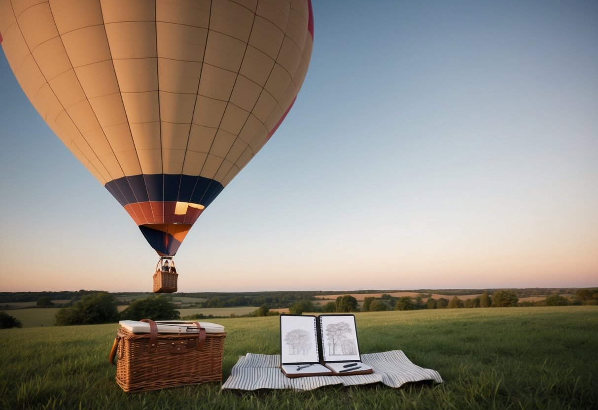 A hot air balloon drifting over a serene countryside, with a picnic basket and a sketchbook laid out for a tandem sketches session