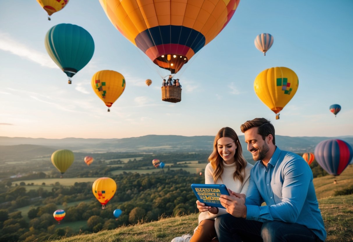 A hot air balloon floats above a scenic landscape, with a couple playing an interactive trivia game together, surrounded by colorful balloons