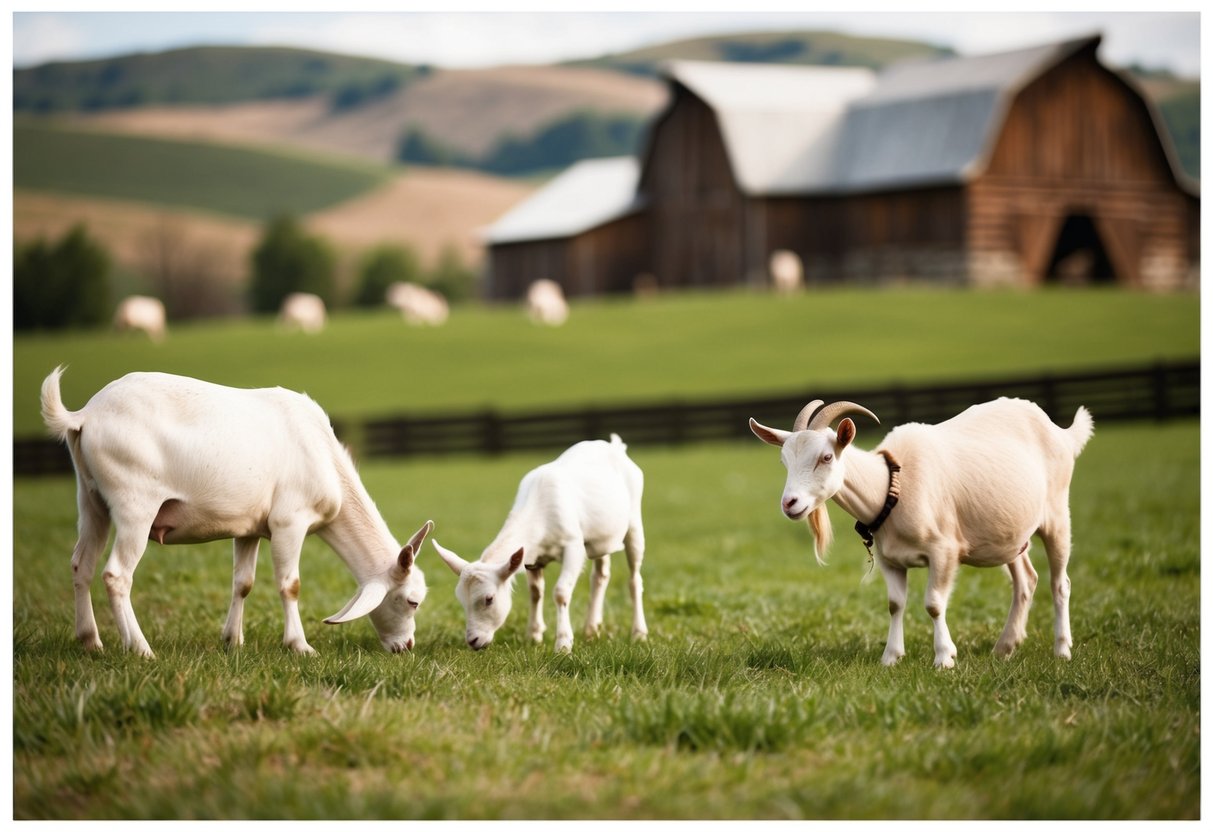 A serene farm setting with grazing goats, a rustic barn, and rolling hills in the background