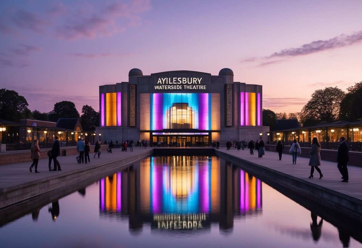 The Aylesbury Waterside Theatre at dusk, with colorful lights reflecting on the water, surrounded by couples strolling and enjoying the romantic atmosphere