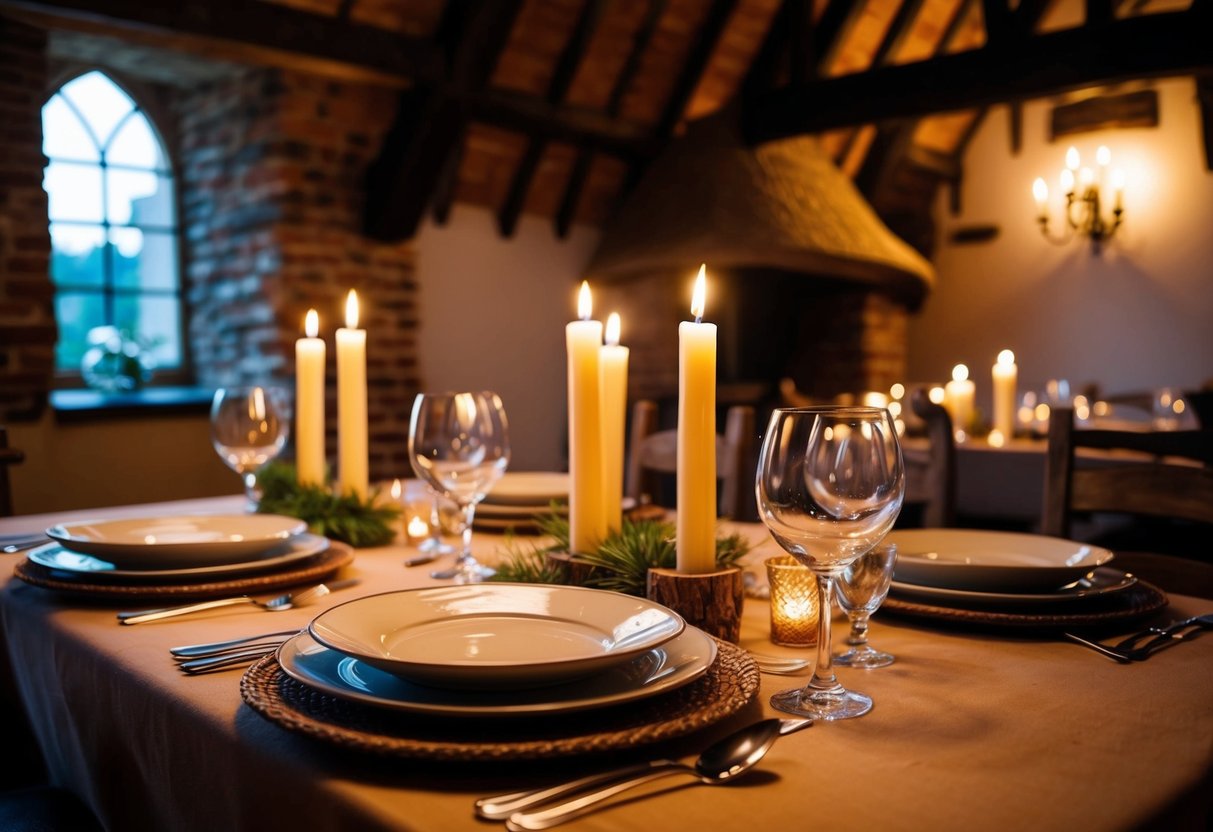 A cozy, candlelit table set with rustic dinnerware inside a charming, historic thatched inn