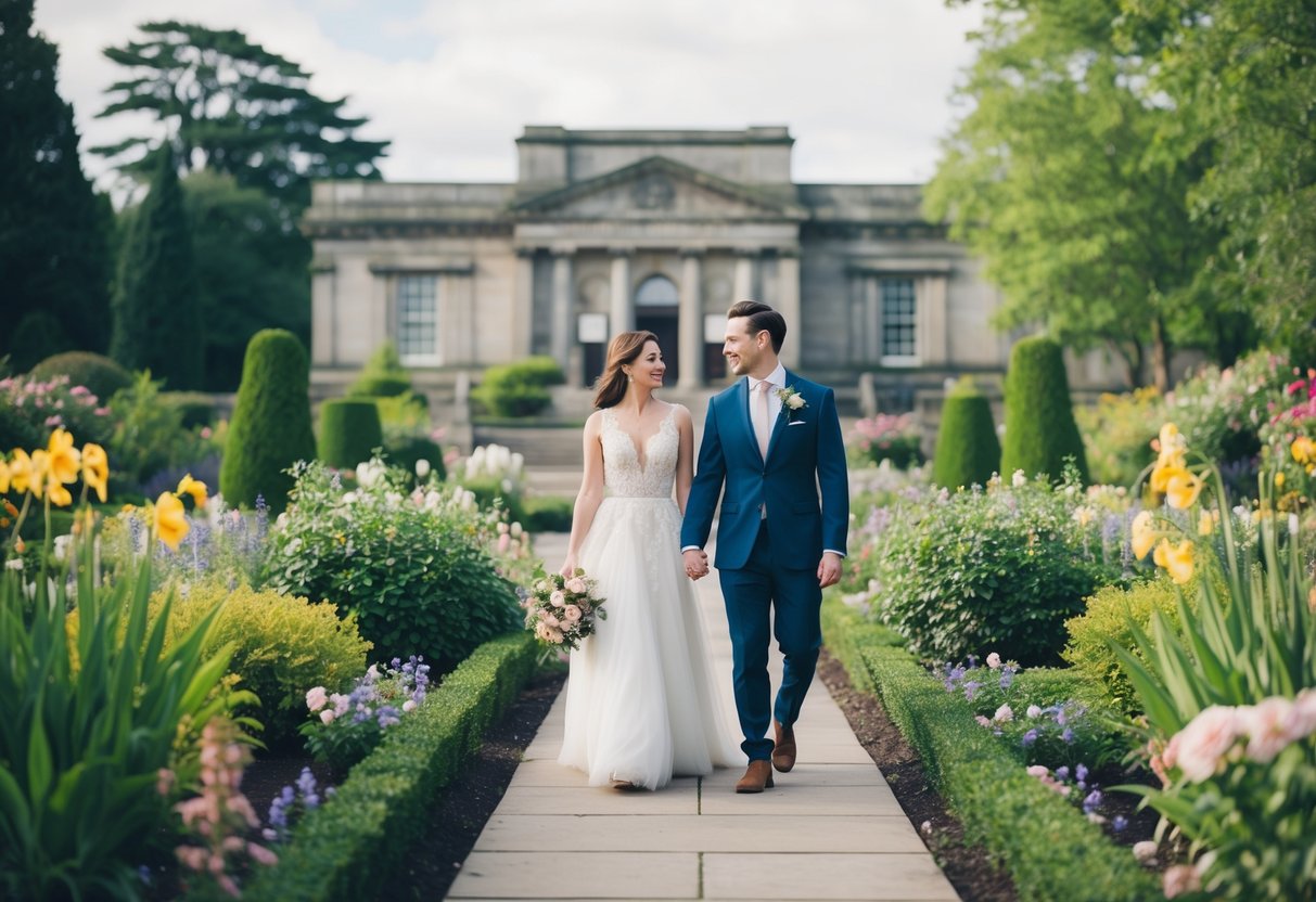A couple strolling through the lush gardens of the Armagh Public Library, surrounded by blooming flowers and historic architecture
