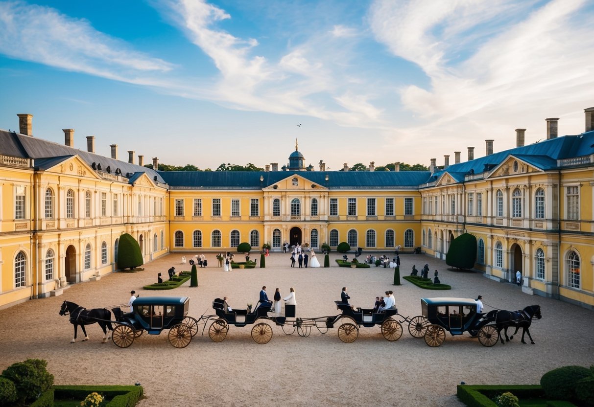 The Palace Stables courtyard bustles with couples enjoying carriage rides, exploring the historic grounds, and admiring the elegant architecture