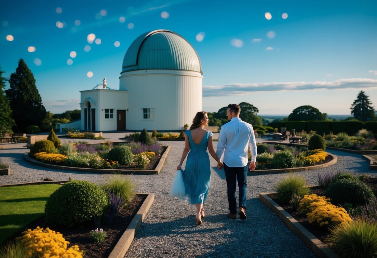 A couple strolls through the gardens of Armagh Observatory, gazing at the stars and enjoying the peaceful surroundings