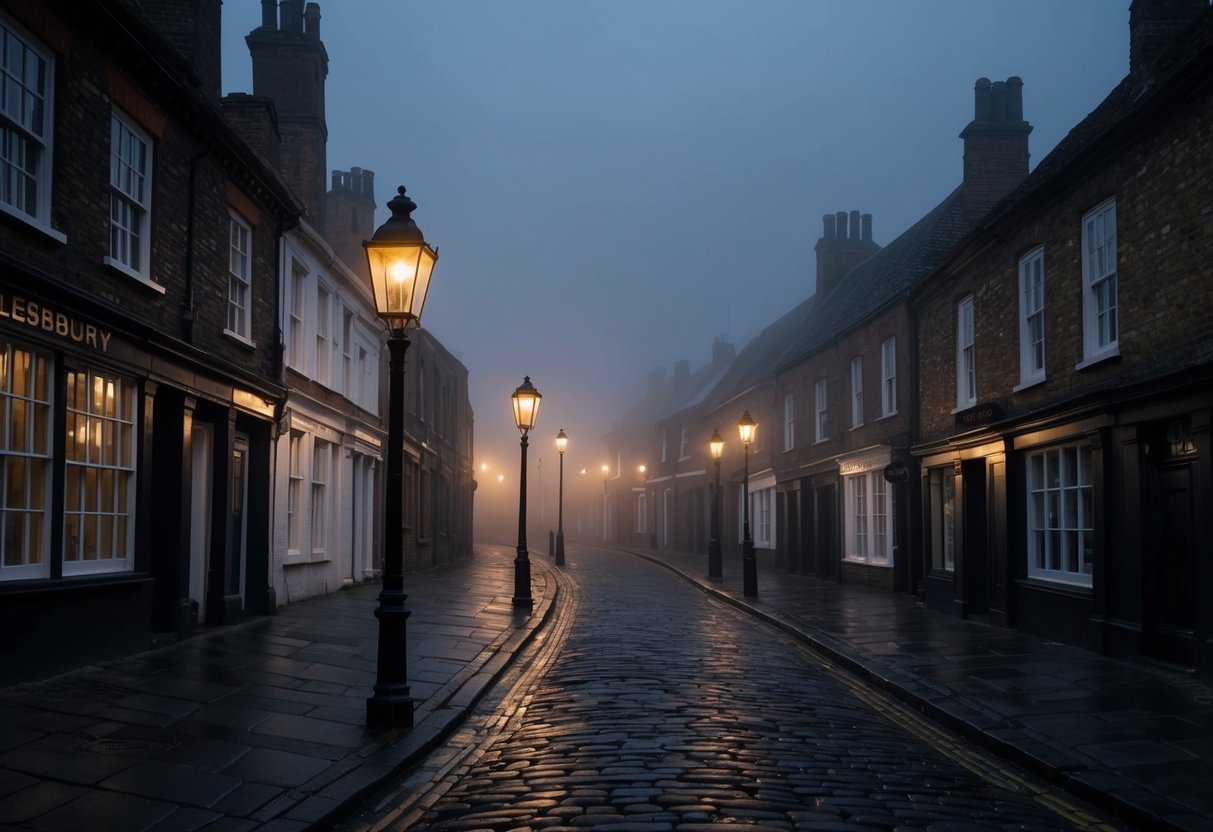 A dark, cobblestone street lined with historic buildings, illuminated by flickering gas lamps. A misty fog hangs in the air, creating an eerie atmosphere for a ghost walk tour in Aylesbury