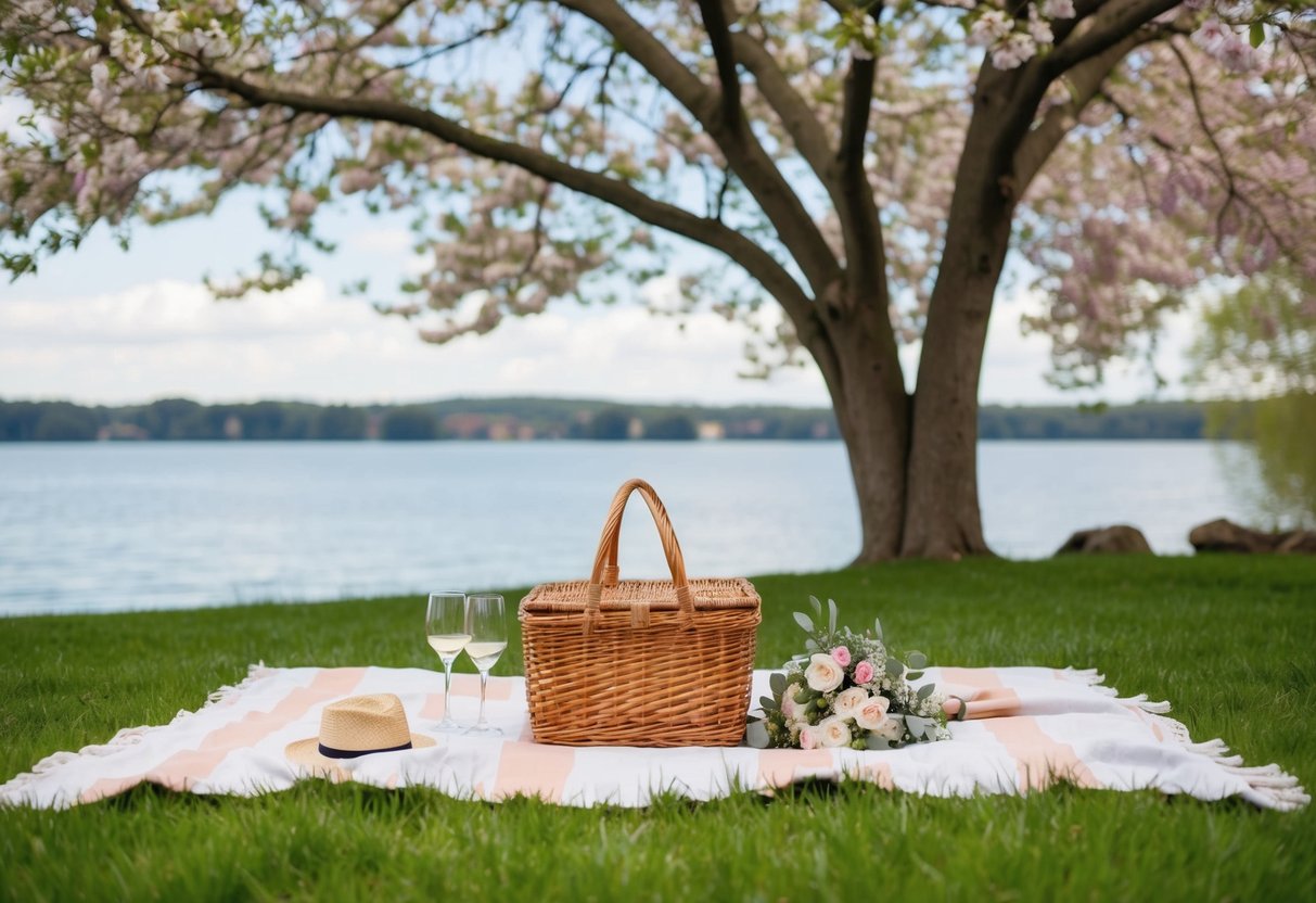 A picnic blanket laid out under a blooming tree, with a wicker basket, wine glasses, and a bouquet of flowers, overlooking a serene lake