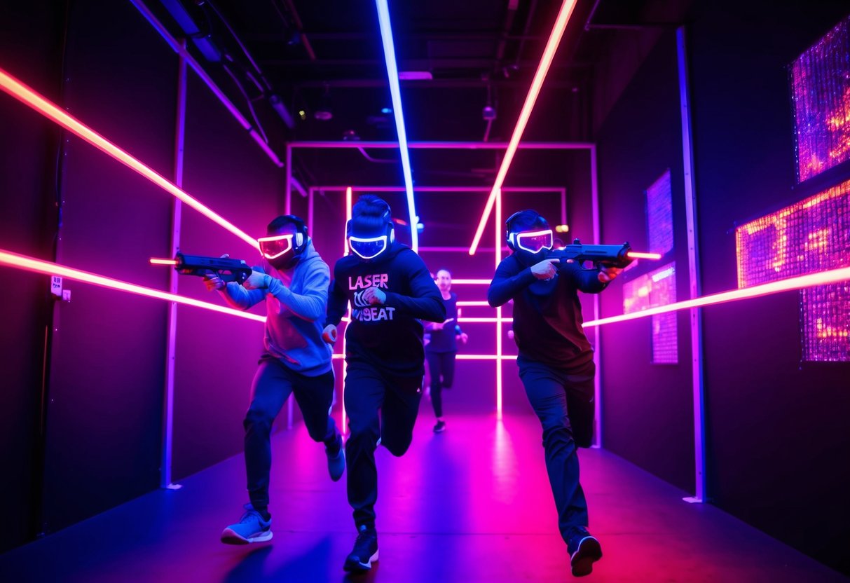 Players running through neon-lit maze, dodging laser beams at Laser Kombat Aylesbury