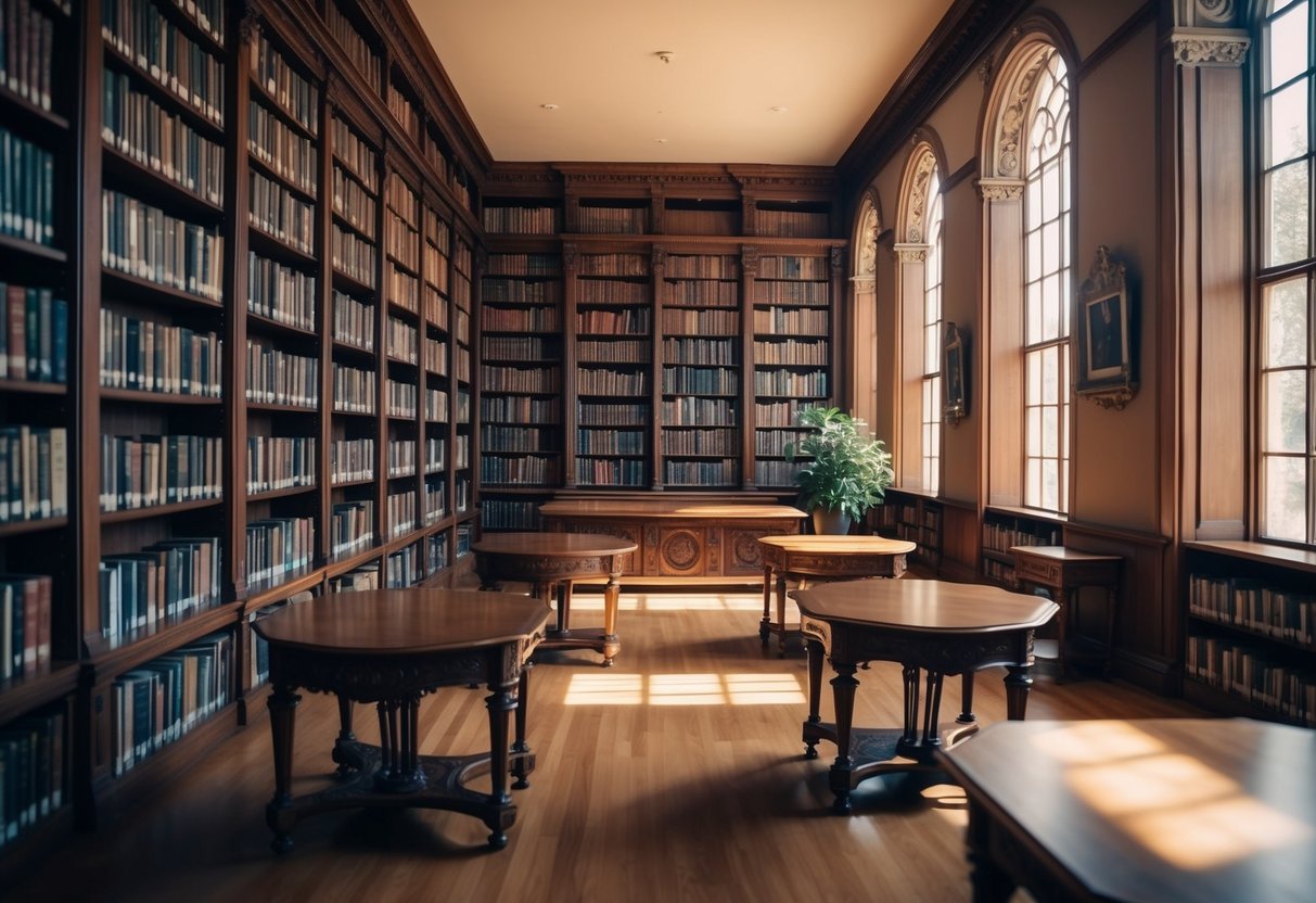 A tranquil library with towering bookshelves, ornate wooden tables, and cozy reading nooks bathed in warm natural light