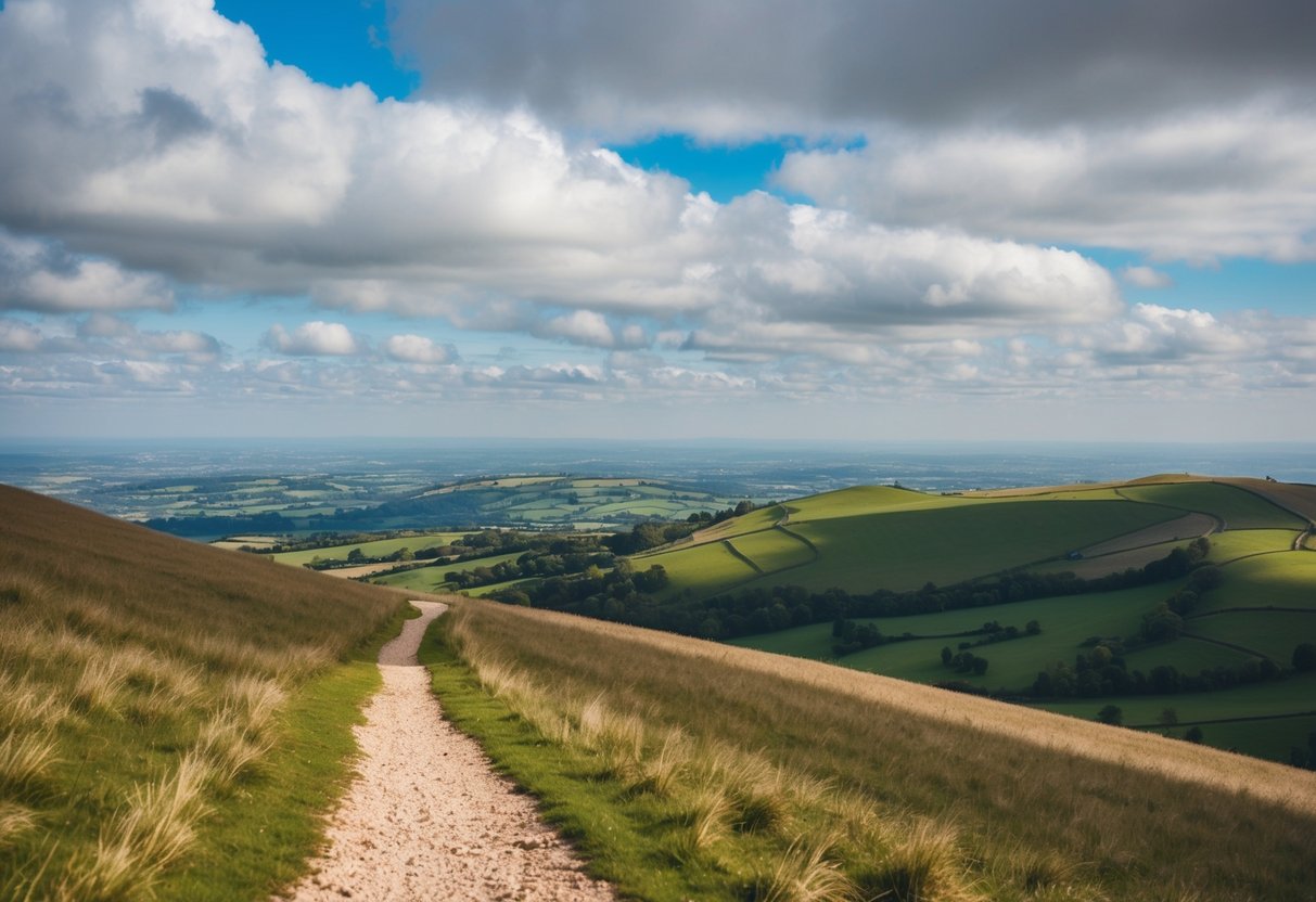 A panoramic view from the summit of Coombe Hill, with rolling hills and a winding trail