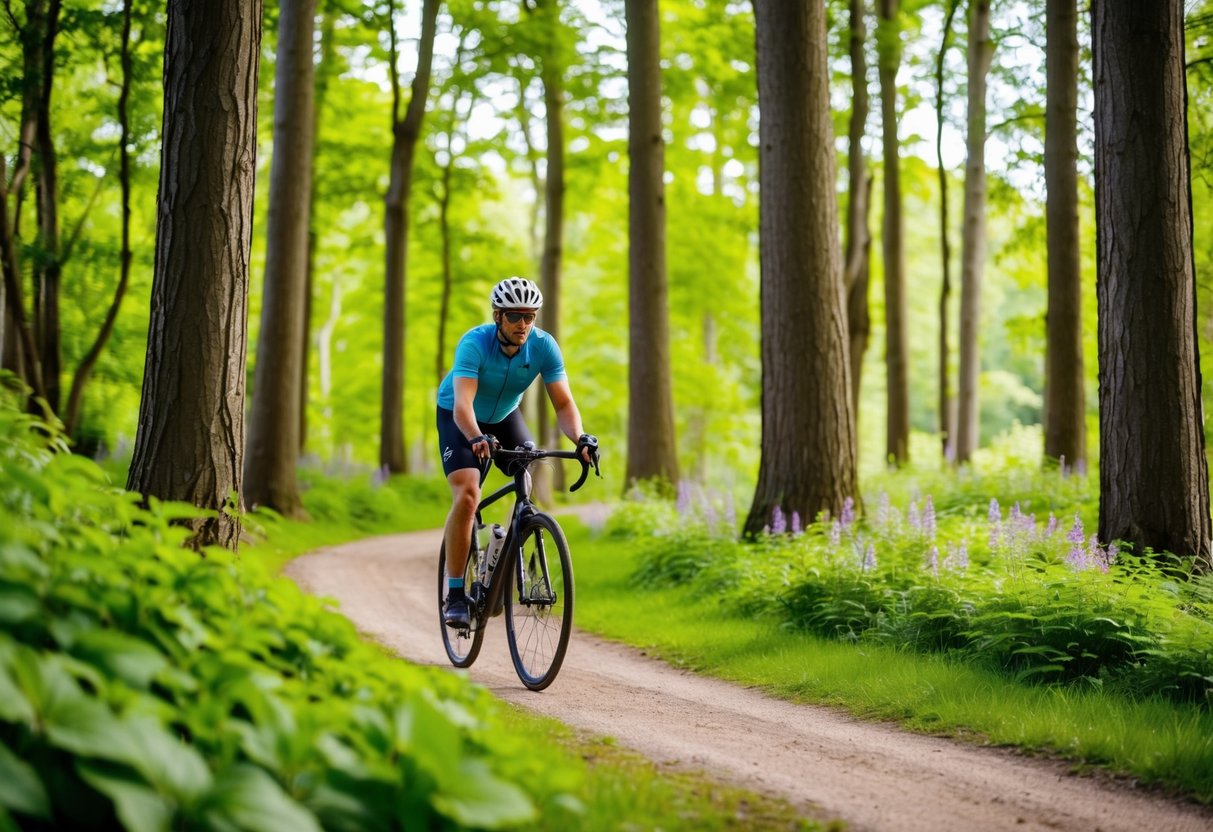 A cyclist rides through the lush green trails of Gosford Forest Park, surrounded by tall trees and vibrant flora