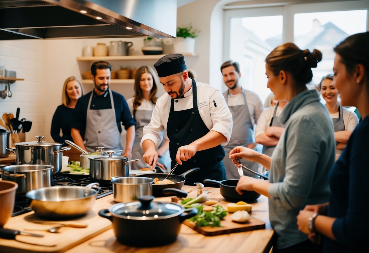 A cozy kitchen with pots, pans, and utensils scattered around. A chef is demonstrating a cooking technique to a group of eager participants
