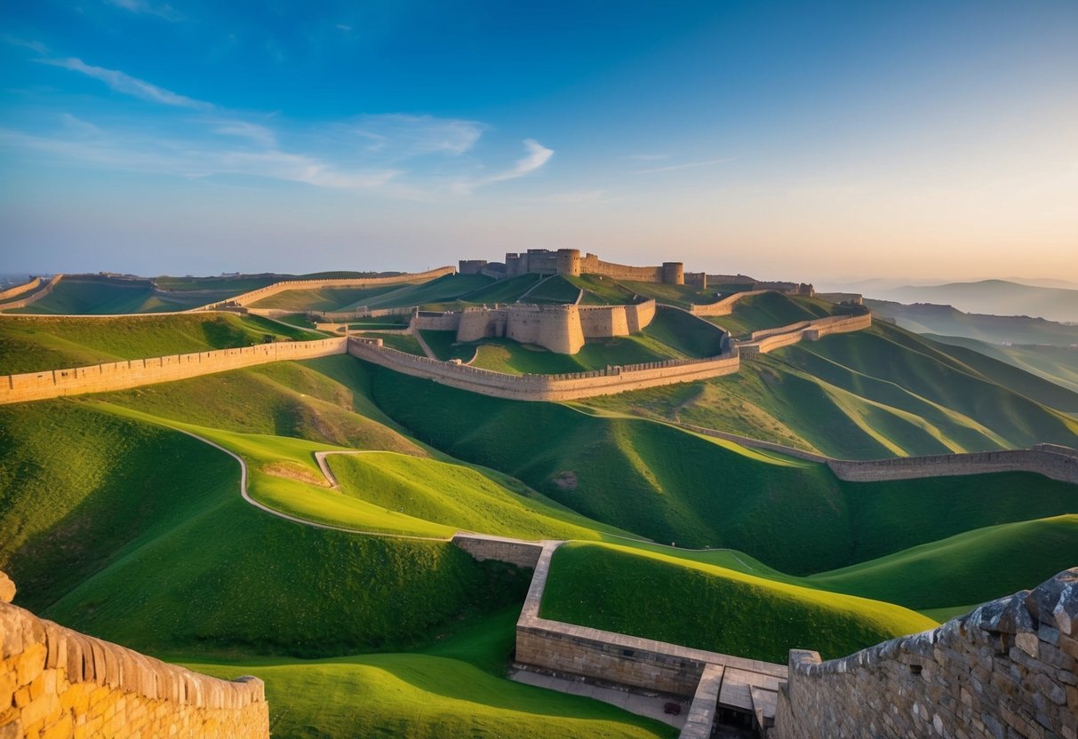 A panoramic view of Navan Fort, with rolling green hills and a clear blue sky, surrounded by ancient stone walls and a sense of mystery in the air