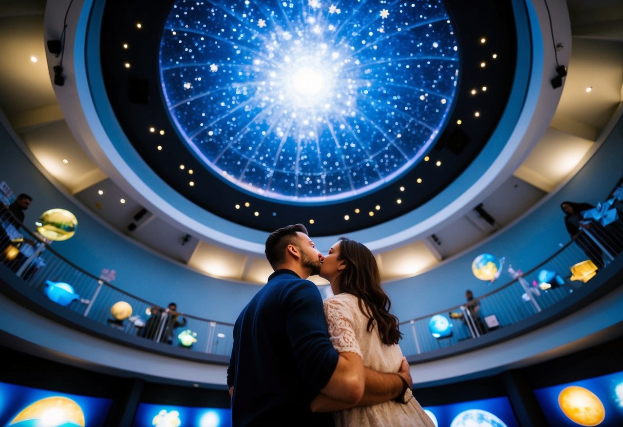 A couple gazes up at the star-filled dome inside Armagh Planetarium, surrounded by interactive displays and astronomical models