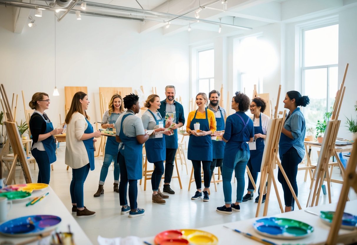 A group of artists gather in a bright, spacious studio, surrounded by easels, paintbrushes, and colorful palettes. The room is filled with the sound of chatter and laughter as they brainstorm ideas for upcoming workshops