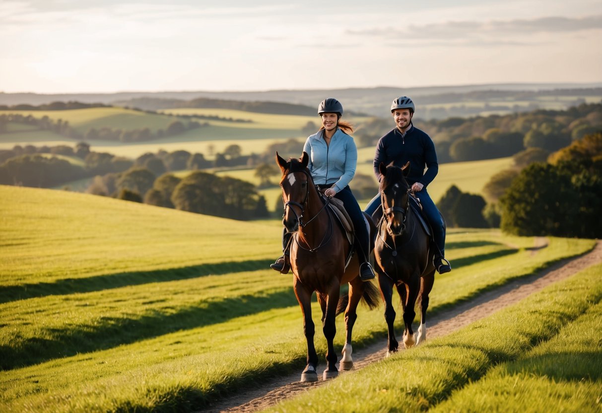 A couple horseback riding through the rolling hills of Castle Leslie Estate on a sunny afternoon