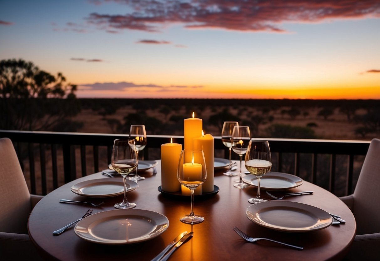 A table set with candles and wine glasses at Uluru Bar & Grill, with a view of the sunset over the Australian outback