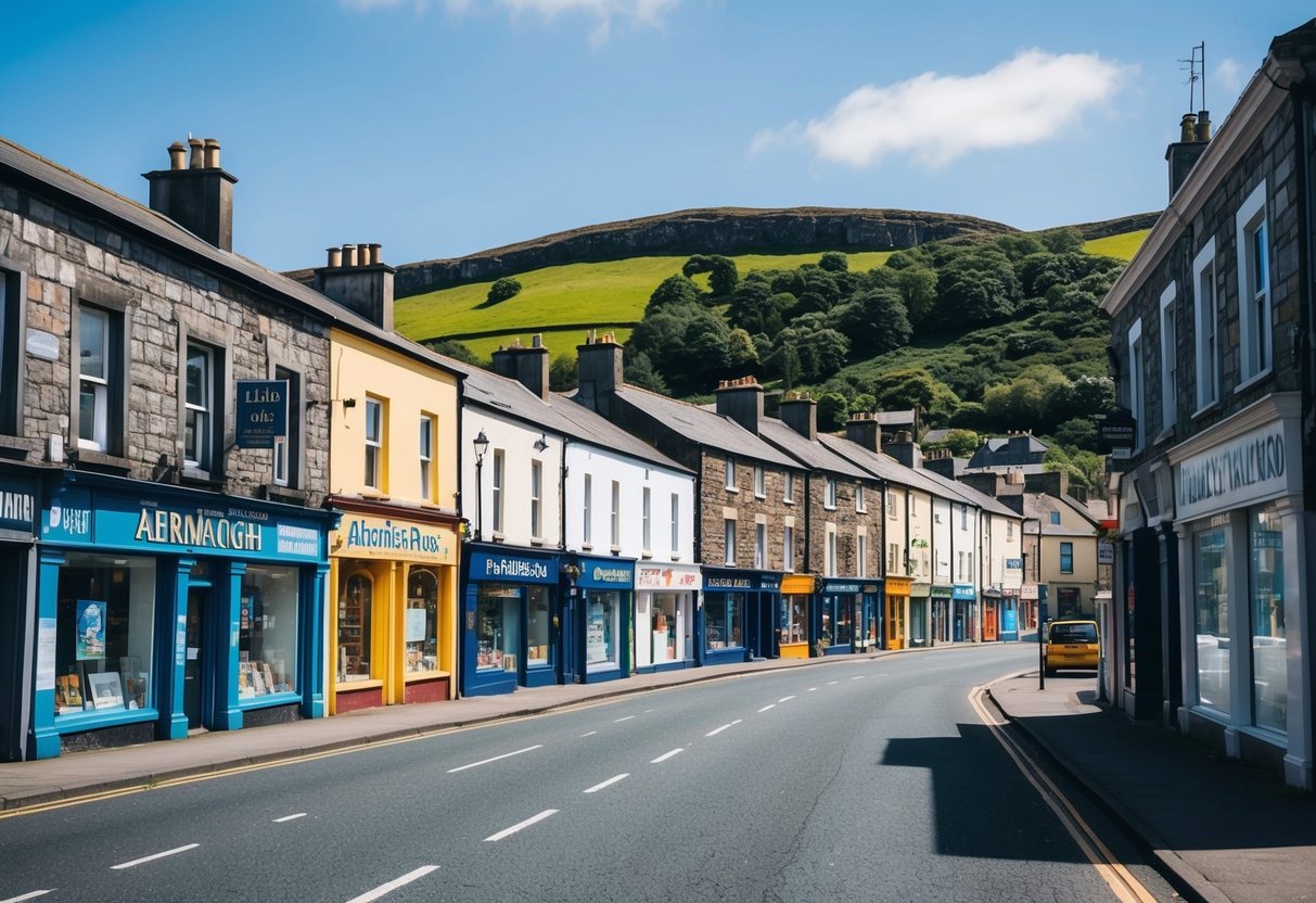 A historic street in Armagh, lined with old stone buildings and colorful storefronts, with a backdrop of green hills and a clear blue sky