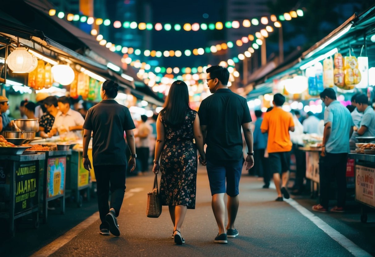 A couple strolling through a bustling Jakarta night market, surrounded by colorful lights and the aroma of street food