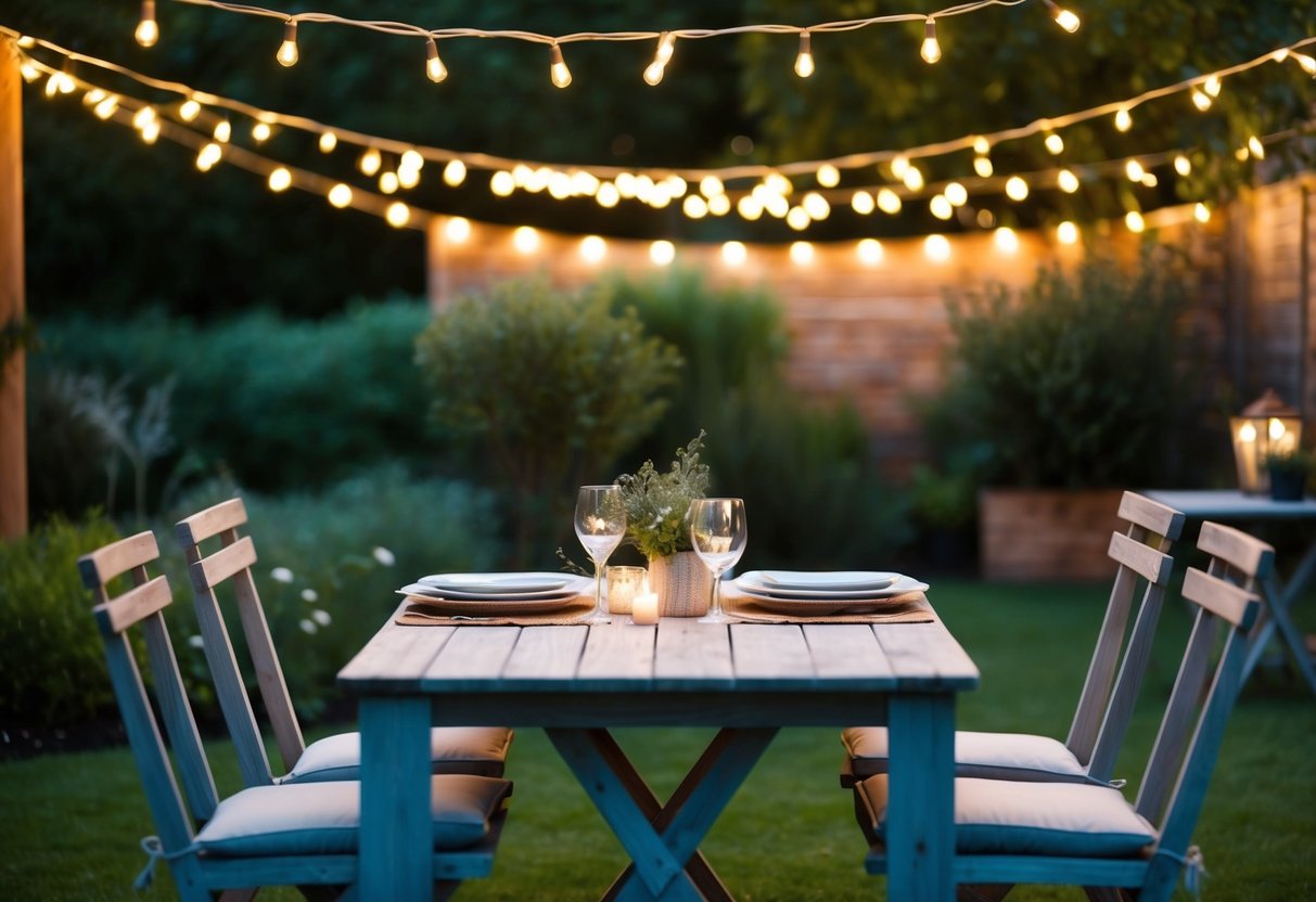 A cozy table set for two under twinkling lights in a garden