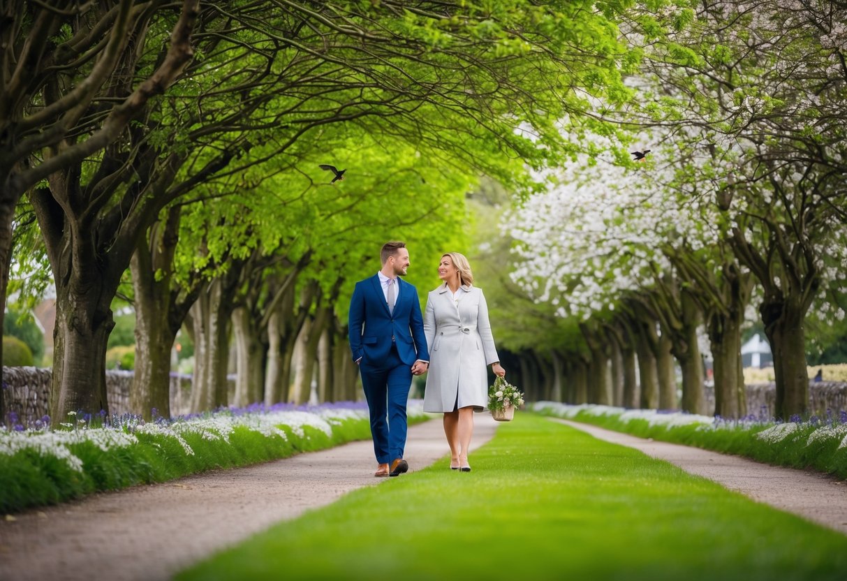 A couple strolls through a lush, tree-lined path in Armagh, surrounded by blooming flowers and chirping birds