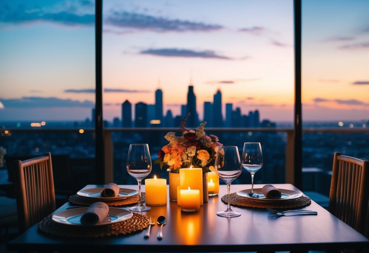 A cozy table set with candles, wine glasses, and a bouquet of flowers, overlooking a city skyline at dusk