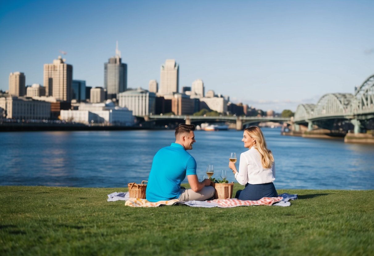 A couple picnicking by the river in Newcastle, with the city skyline in the background
