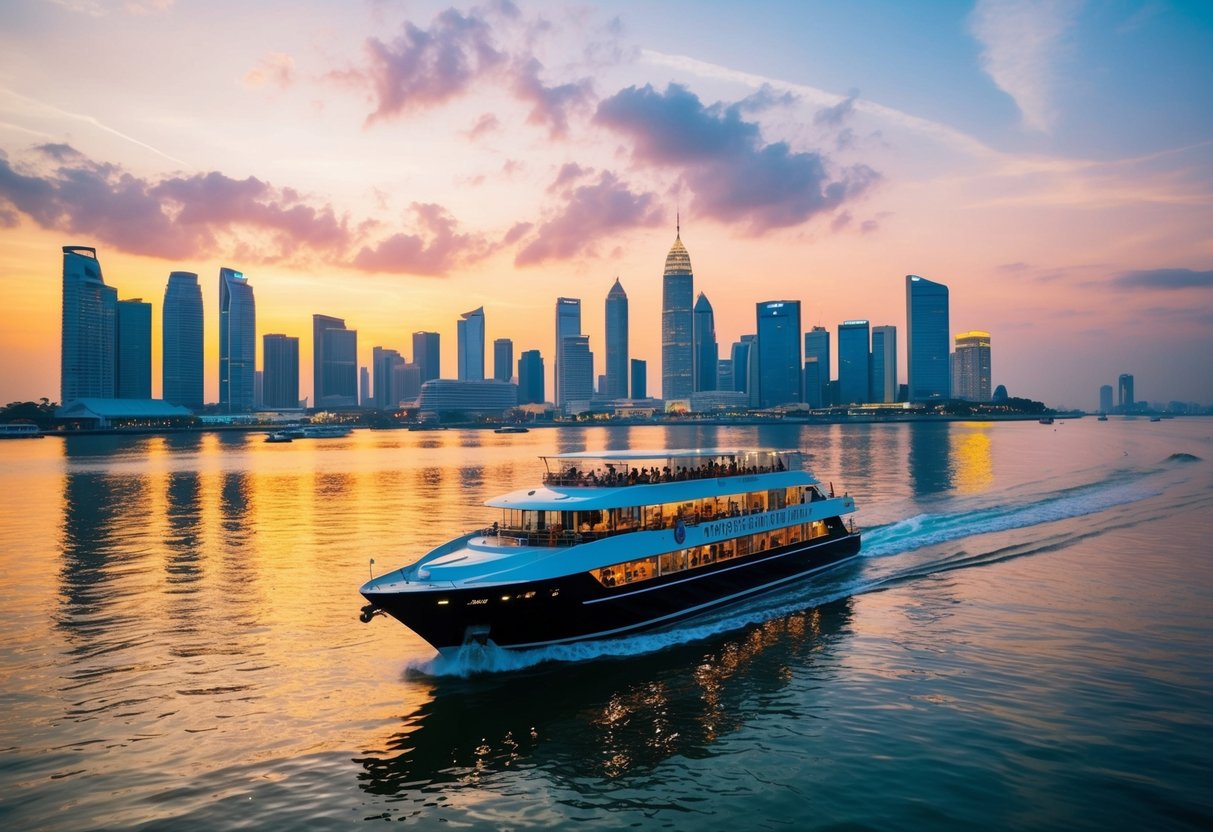 A luxurious dinner cruise on Jakarta Bay with city skyline and colorful sunset reflected on the calm water