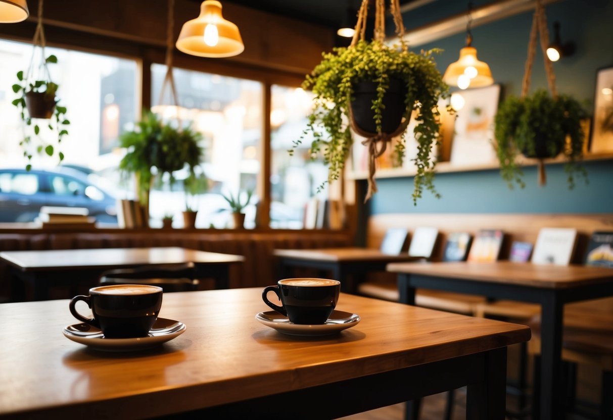 A cozy coffee shop with wooden tables, hanging plants, and warm lighting. Two cups of coffee sit on the table, surrounded by books and artwork