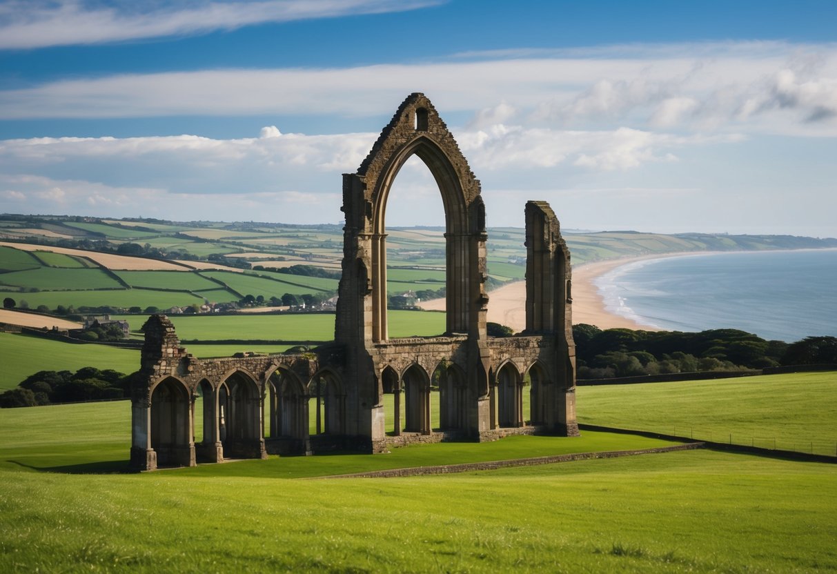 The ruins of Tynemouth Priory stand tall against a backdrop of rolling green hills, with the coastline stretching out into the distance