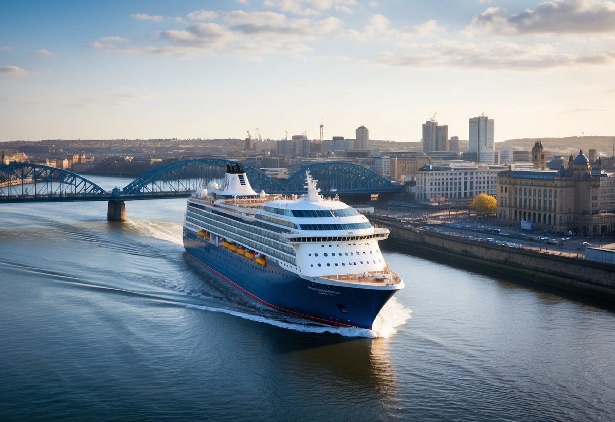 A cruise ship glides along the Tyne River, passing under the iconic bridges of Newcastle. The city skyline and waterfront buildings provide a picturesque backdrop