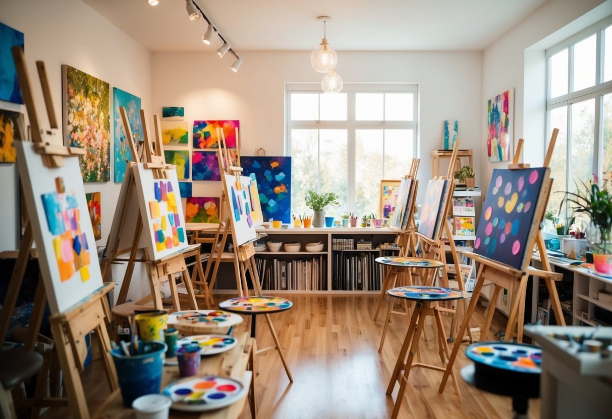 A cozy art studio with natural light, filled with easels, canvases, and colorful paint palettes. A variety of artwork adorns the walls, and the room is buzzing with creativity
