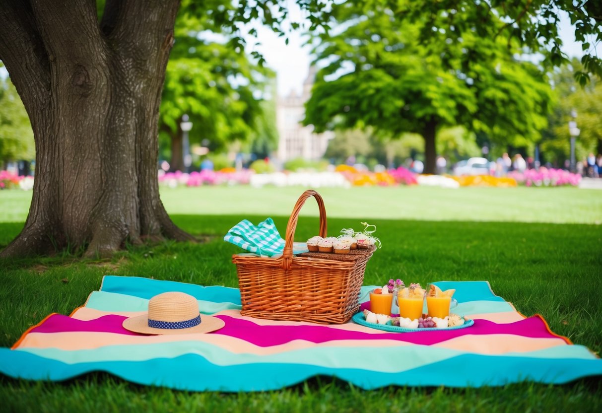 A colorful picnic blanket spread under a shady tree, surrounded by lush green grass and blooming flowers. A wicker basket filled with delicious treats sits in the center, ready for a romantic date at Exhibition Park in Newcastle