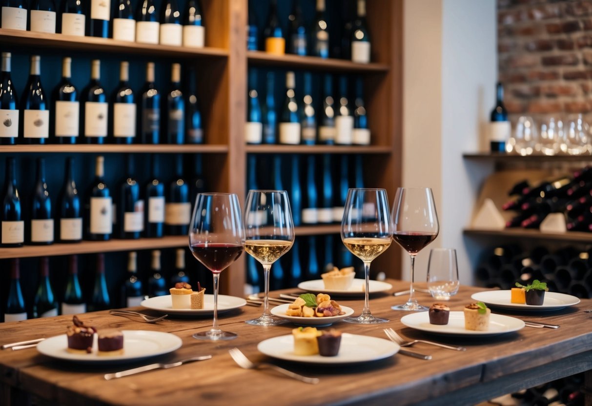 A cozy wine tasting room with shelves of bottles, elegant glassware, and a rustic wooden table set with various wine samples and small bites