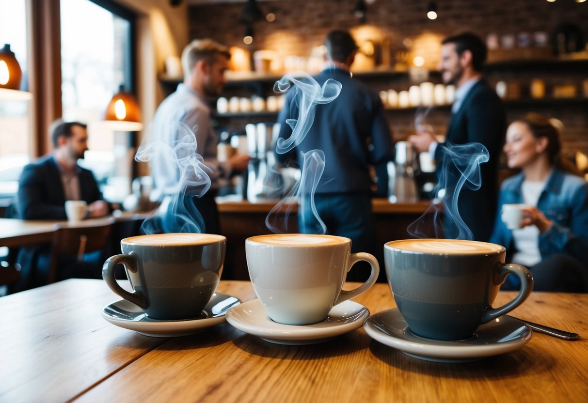 A cozy coffee shop with steaming cups, rustic decor, and patrons chatting in the background