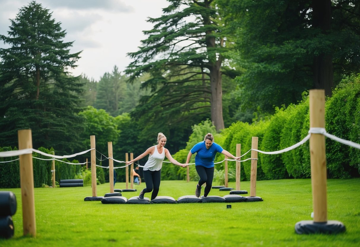 A couple navigating an obstacle course in a lush, forested area at Matfen Hall, surrounded by towering trees and lush greenery