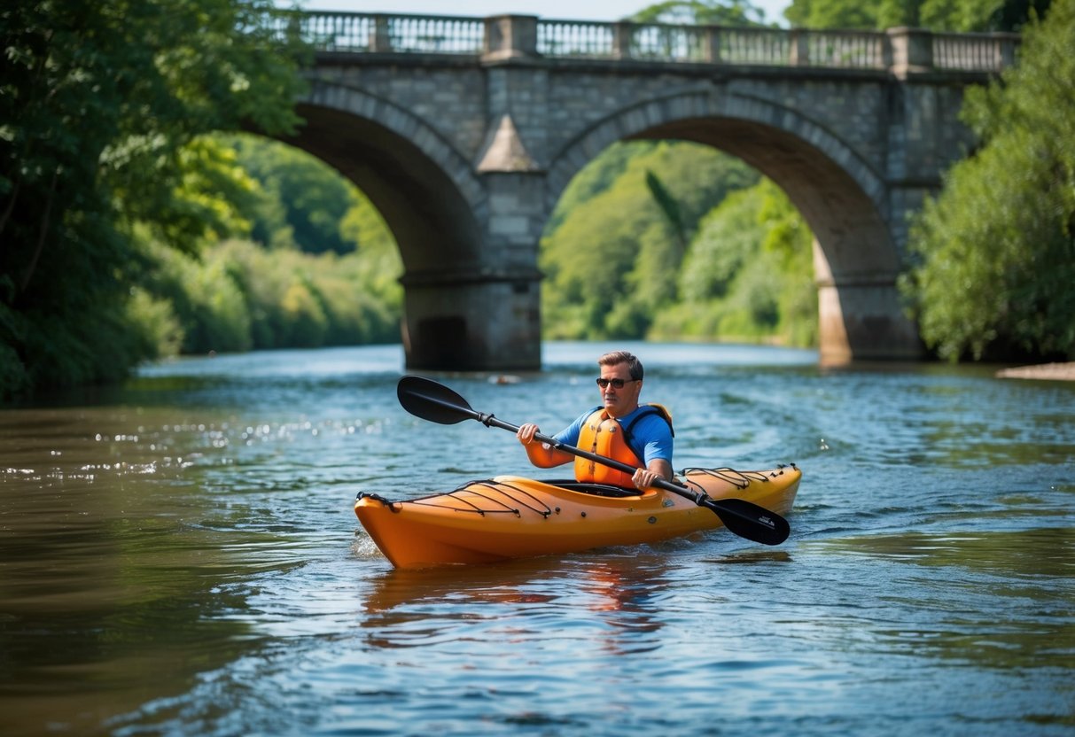 A kayak glides along the River Wear, passing under arched stone bridges and surrounded by lush greenery. The water ripples gently as the kayak moves through the serene landscape
