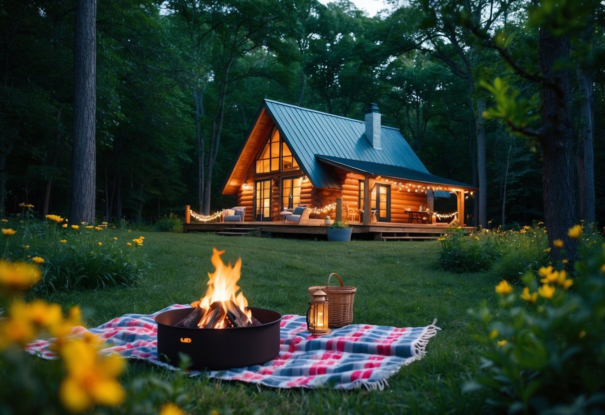 A cozy cabin nestled in a lush forest, with a crackling fire pit and twinkling fairy lights. A picnic blanket spread out under the stars, surrounded by blooming wildflowers