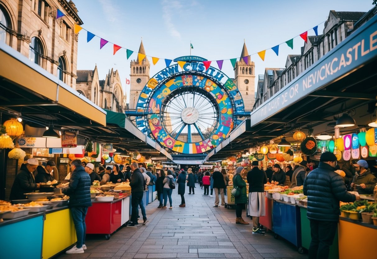 A bustling outdoor market with diverse food stalls, live music, and colorful cultural displays in the heart of Newcastle