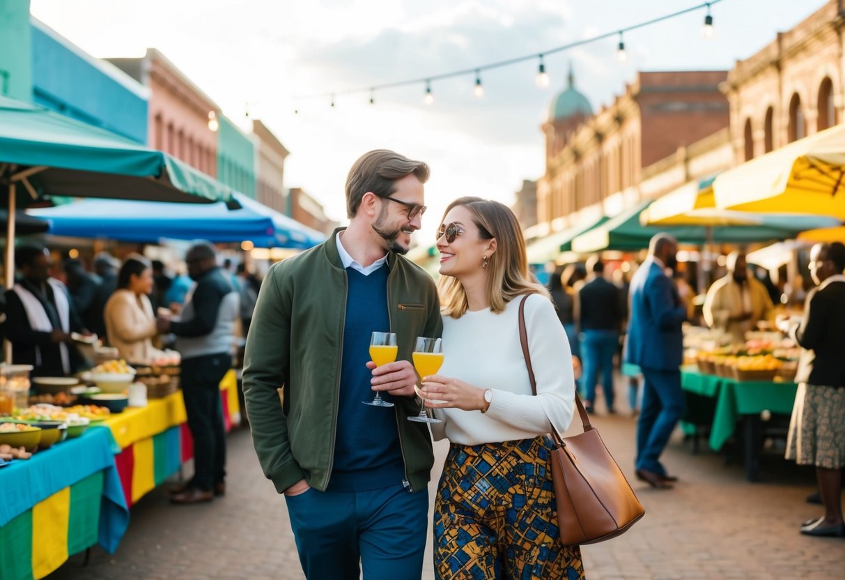 A couple strolling through the colorful Neighbourgoods Market in Johannesburg, sampling local foods and enjoying live music