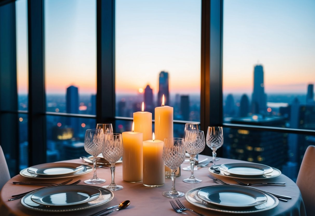 A candlelit table set with fine china and crystal glasses, overlooking a city skyline through floor-to-ceiling windows