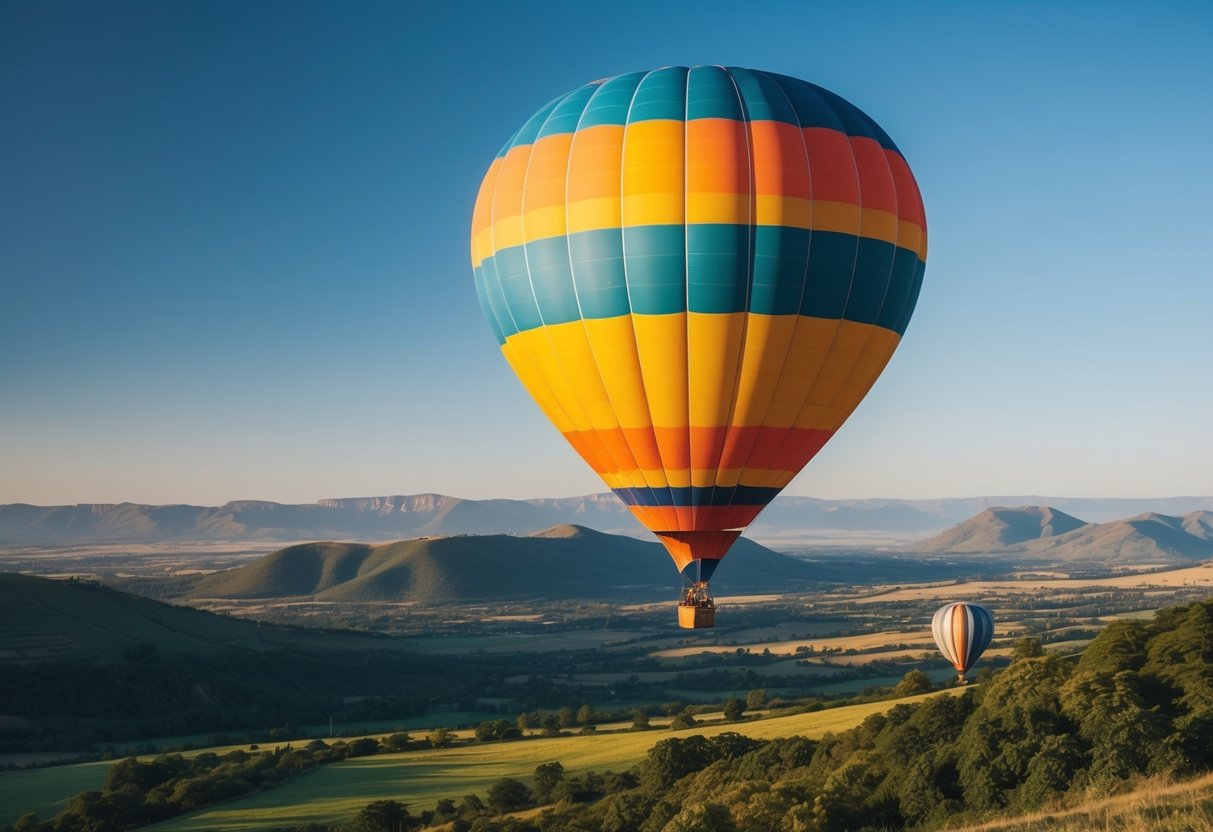 A colorful hot air balloon floats over the lush landscape near Magaliesburg, with the rolling hills and clear blue sky in the background